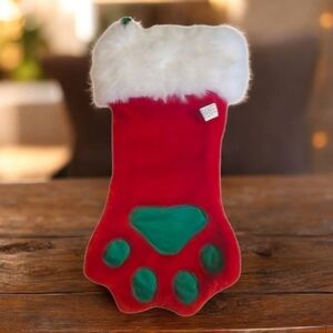 Plush Puppies Pet Dog Holiday Stocking Red Green Velour Type Faux Fur Paw Shape